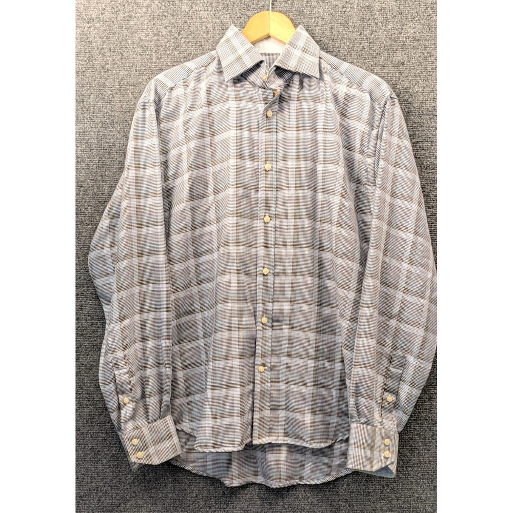 Thomas Dean Men’s Large Blue Brown Glen Plaid 100% Cotton Long Sleeve Shirt L